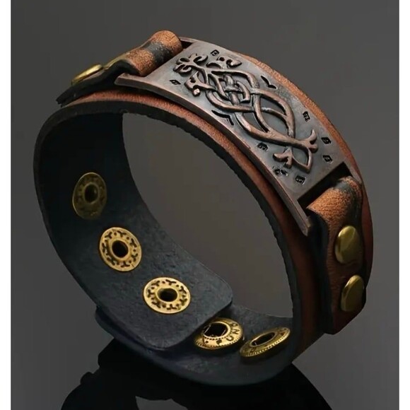 Retro copper Celtic Irish, Nordic Viking pattern 
genuine cowhide bracelet cuff - Picture 3 of 4